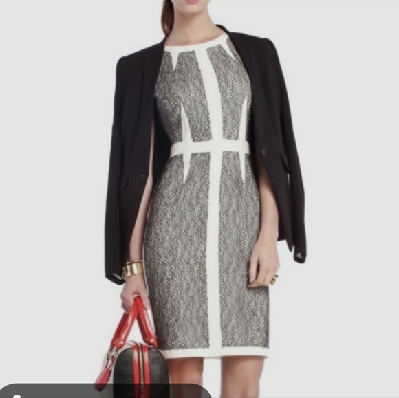 Bcbg Maxazria Rumor Dress White Black Lace Blocked Sheath Dress Size 8 - Picture 4 of 17